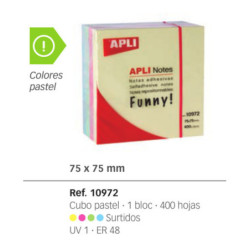 BLOC NOTAS ADHESIVO APLI 75*75 CUBO 400H COLORES PASTEL 10972