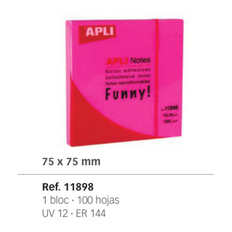 BLOC NOTAS ADHESIVO APLI 75*75 FLUOR ROSA 100H PTE/12U