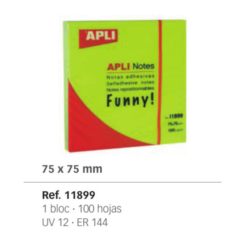 BLOC NOTAS ADHESIVO APLI 75*75 FLUOR VERDE 100H PTE/12U