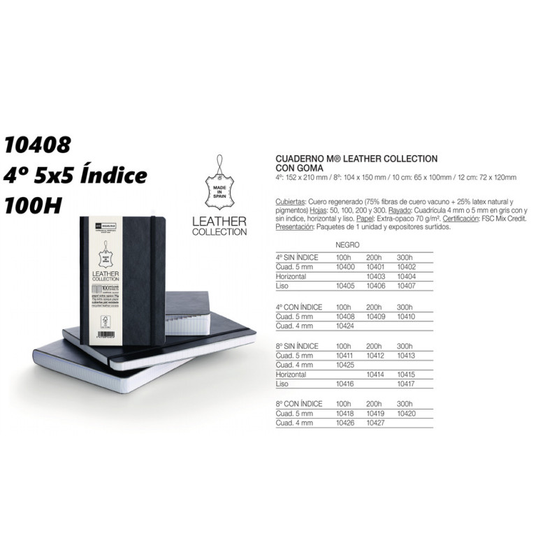 LIBRETA TIPO MOLESKINE 4º CUADRO 5MM MIQUELRIUS17 PIEL C/GOMA INDICE NEGRO 100H 10408