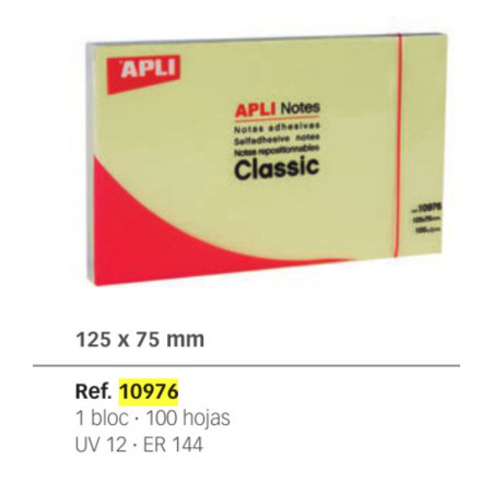 BLOC NOTAS ADHESIVO APLI 75*125 PTE 12U