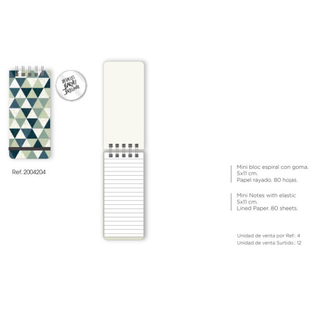 MINI BLOC ESPIRAL 5*11 CM 80 HOJAS C/GOMA SENFORT18 WINTER PREMIUM 04-GREEN TRIANGLE 200420 04