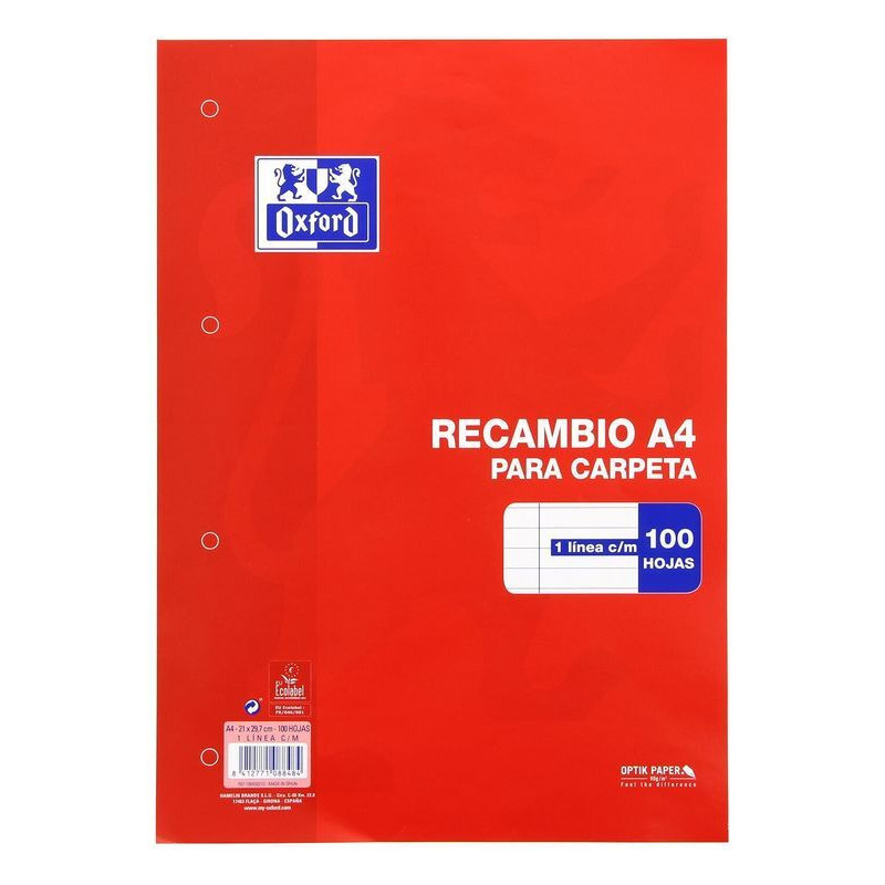 RECAMBIO ENRI A-4 100H 4T OXFORD SCHOOL HORIZONTAL C/MARGEN 90GR 100430210