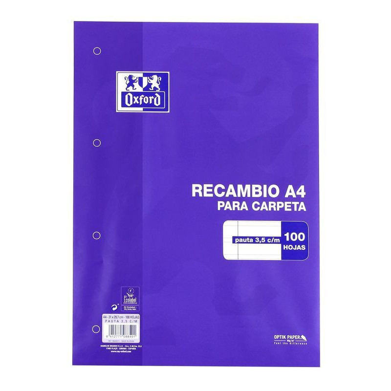 RECAMBIO ENRI A-4 100H 4T OXFORD SCHOOL PAUTA 3,5 C/MARGEN 90GR 100430211