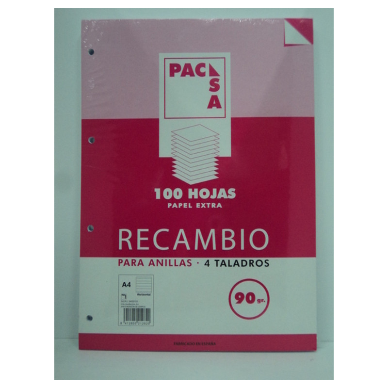 RECAMBIO PACSA A-4 90GR 100H 4 TALADROS HORIZONTAL MARGEN 21262