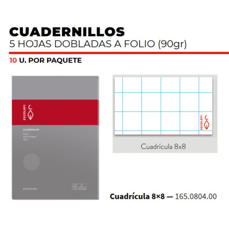CUADERNILLO 5 HOJAS CUADRO 8*8 ESCOLOFI PTE 10U 165080400