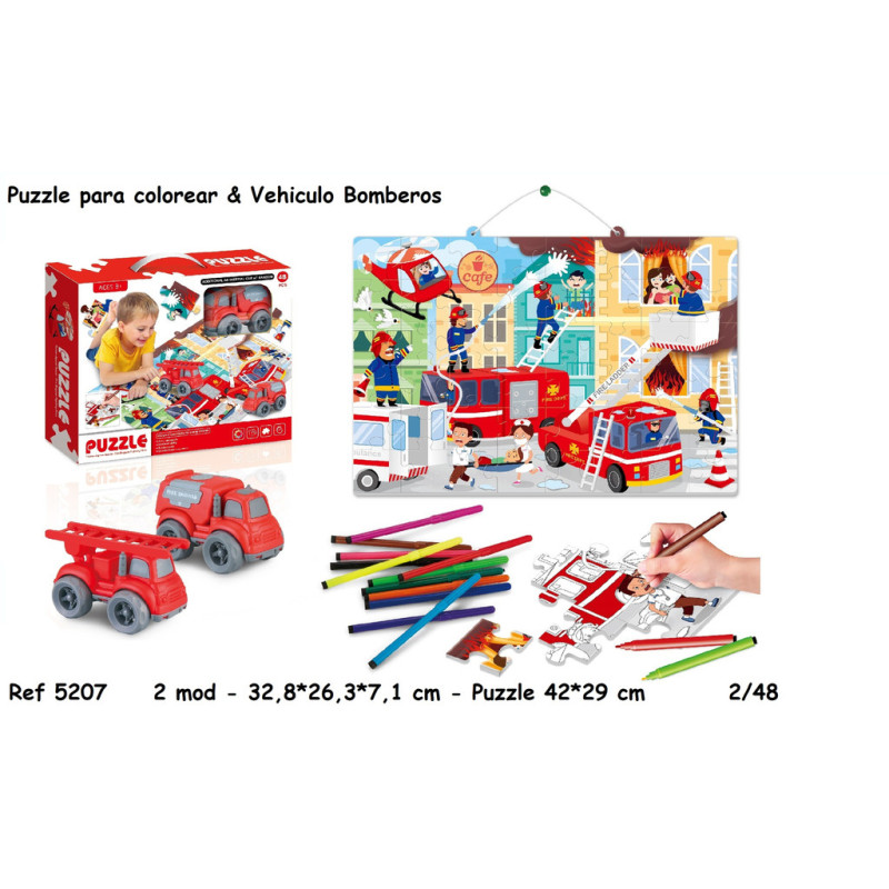 PUZZLE COLOREAR & VEHICULO BOMBEROS 5207 SORT21