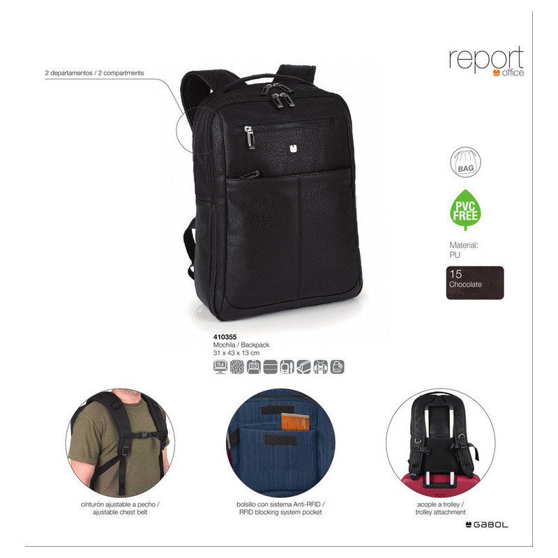 MOCHILA 2 DEPARTAMENTOS 15,6''/IPAD CHOCOLATE REPORT 410355 15 GABOL18 BUSINESS WINTER