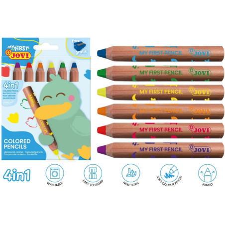 LAPICEROS COLOR MY FIRST COLOURED PENCIL caja 6u. MADERA 4 EN 1  COLORES SURTIDOS + SACAPUNTAS JOVI
