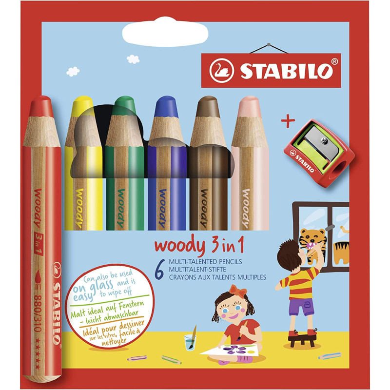 LAPICEROS COLOR STABILO WOODY 3 EN 1 6UDS SURTIDOS + SACAPUNTAS