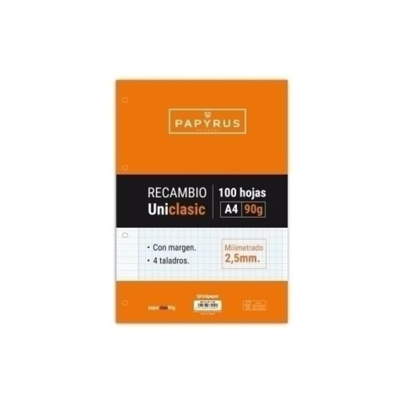 RECAMBIO PAPYRUS UNICLASIC A4 90G MILIMETRADO MARGEN PTE 100H 53391700 GRAFOPLAS