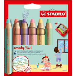 LAPICEROS COLOR STABILO WOODY 3 EN 1 PASTEL 6UDS SURTIDOS + SACAPUNTAS