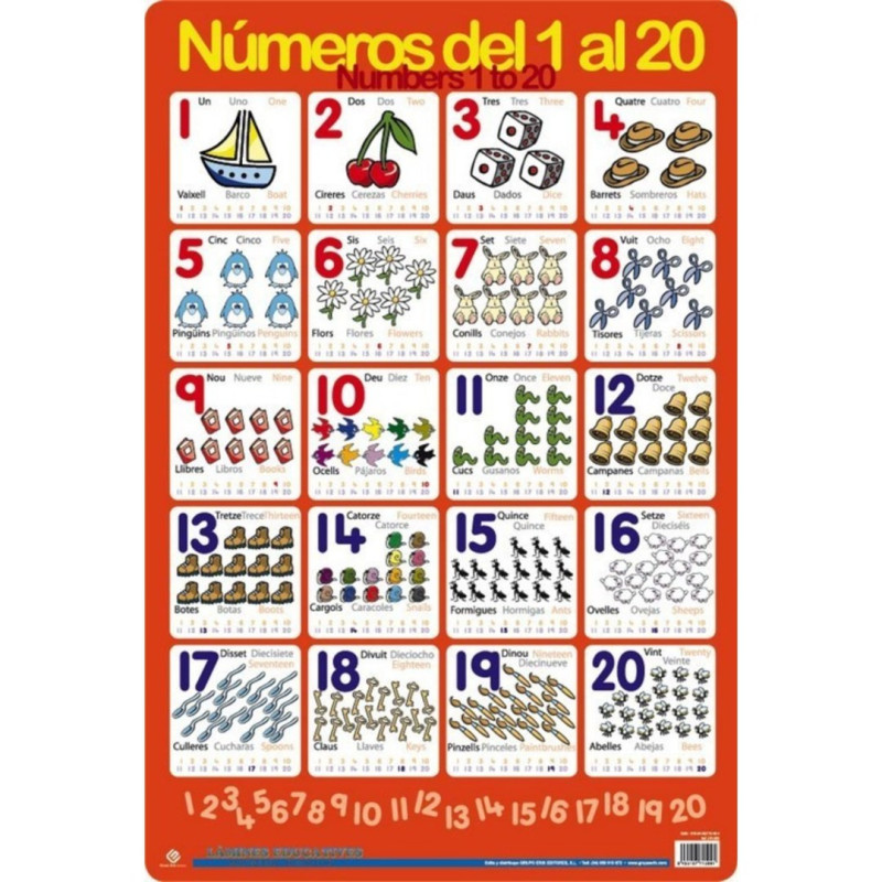 POSTER LAMINA DIDACTICA NUMEROS DEL 1 AL 20 TRILINGÜE LPE205 ERIK