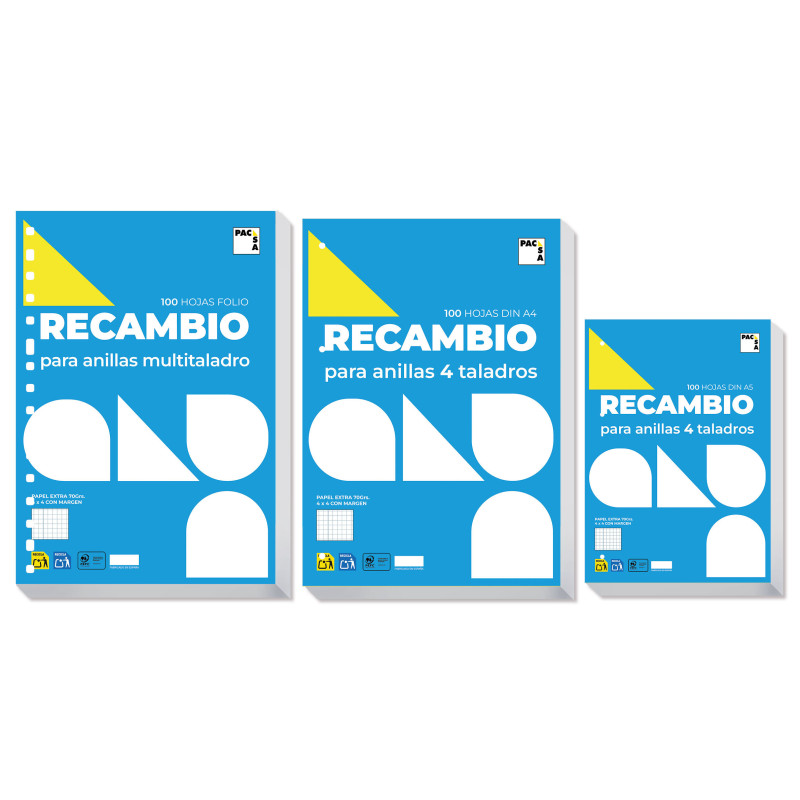 RECAMBIO FOLIO 100HJ 4 TALADROS CUADRO 4MM MRG 70G PACSA