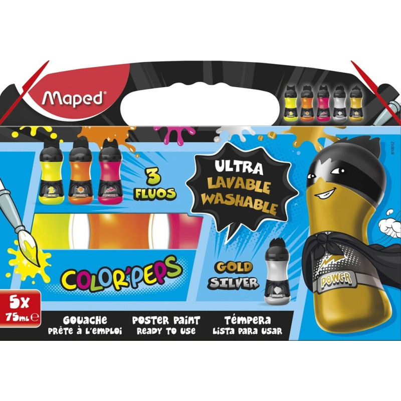 TEMPERA MAPED PREPARADA SUPER LAVABLE 6 COLORES FLUOR + METAL 75ML 810012