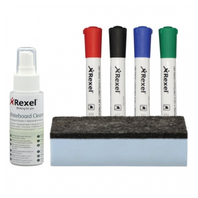 KIT PIZARRA BLANCA REXEL BORRADOR + 4 ROTULADORES + LIQUIDO LIMPIADOR PIZARRAS 1903798 ESSELTE