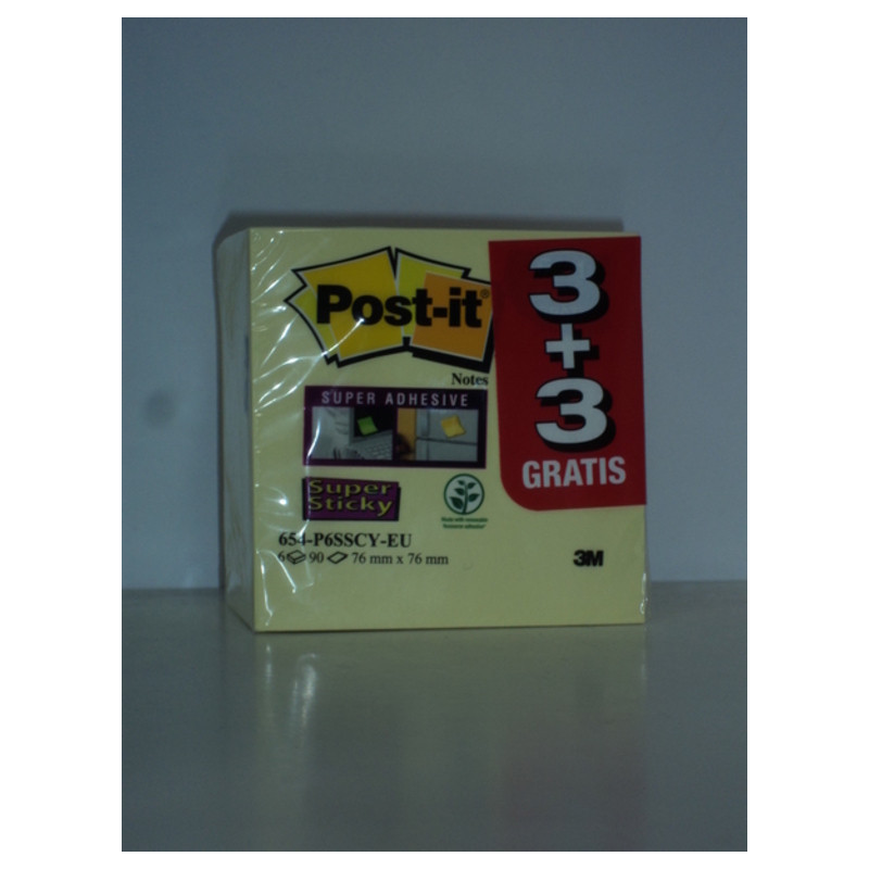 BLOC NOTAS ADHESIVO POST-IT 654 SUPER STICKY 76*76 PTE 3+3 REGALO 3M