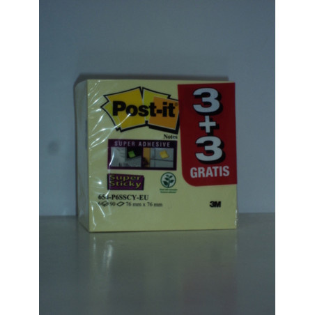 BLOC NOTAS ADHESIVO POST-IT 654 SUPER STICKY 76*76 PTE 3+3 REGALO 3M