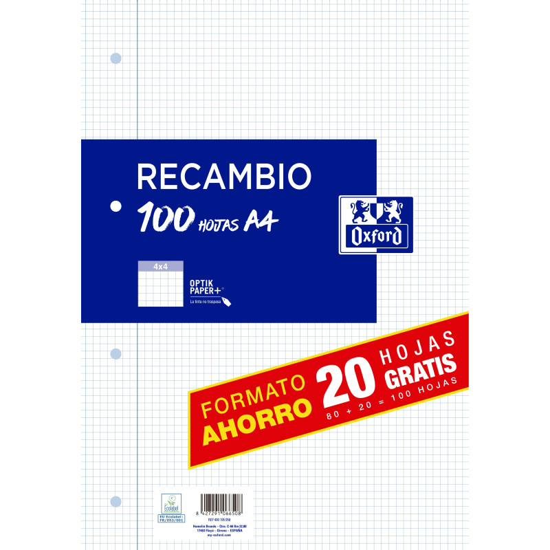 RECAMBIO A4 80H+20H GRATIS CUADRO 4MM MRG AZUL 4T OXFORD