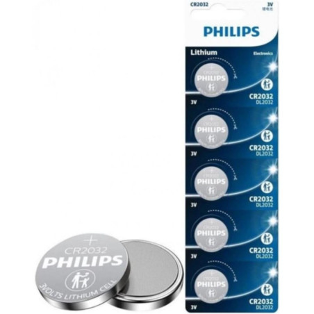 PILA PHILIPS BOTON ALCALINA CR2032 BLISTER 5 UNIDADES CARTON TREPADO CR2032P5