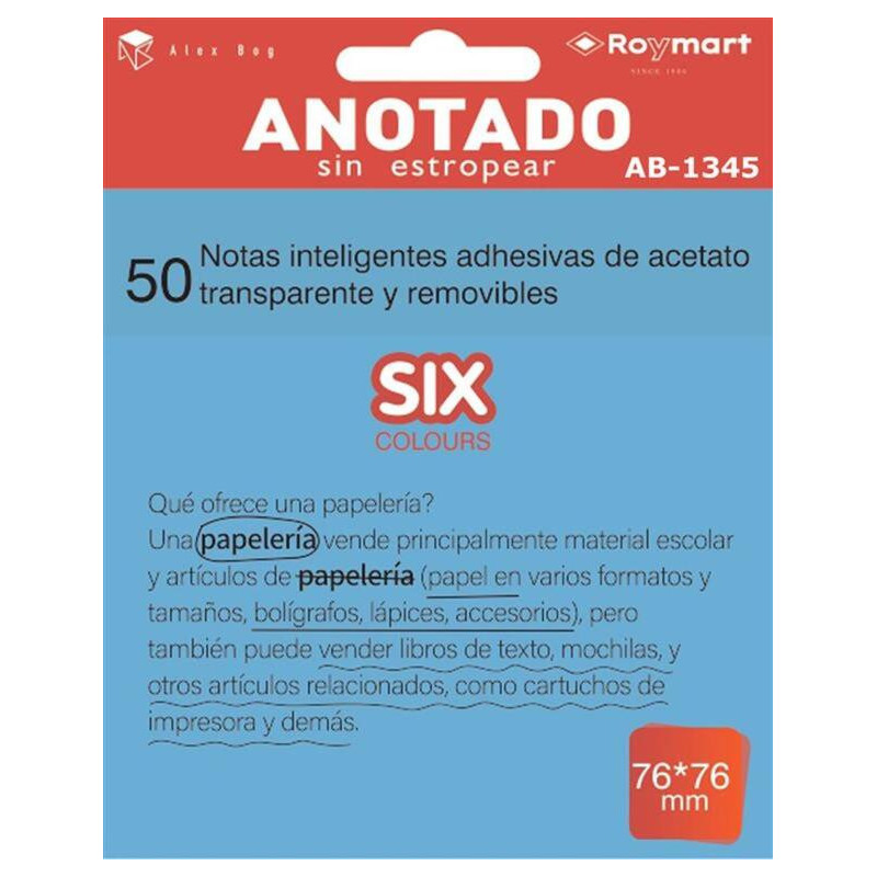 BLOC NOTAS ADHESIVO REMOVIBLE 76*76 50H ACETATO AZUL ALEX BOG AB-1345 UNIDAD