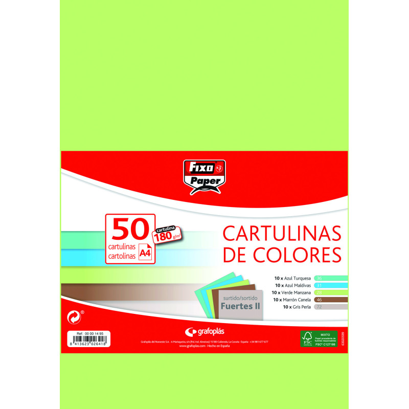 CARTULINAS PAQUETE 50UDS A4 180G SURTIDOS FUERTES II 00001495