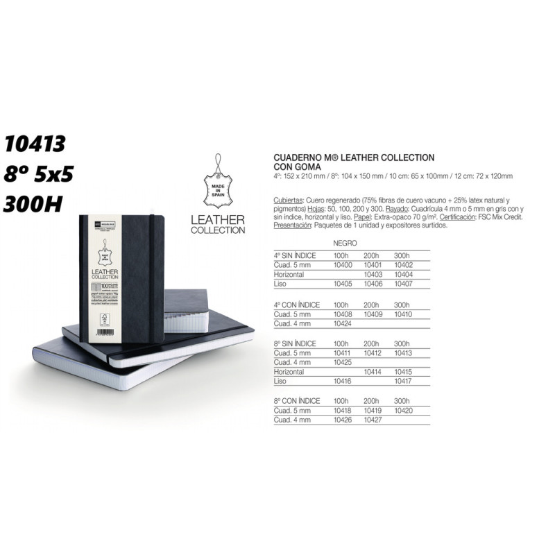 LIBRETA TIPO MOLESKINE 8º CUADRO 5MM MIQUELRIUS17 PIEL C/GOMA NEGRO 300H 10413