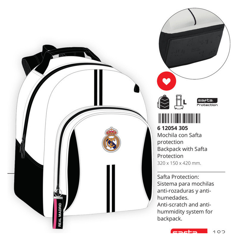MOCHILA SAFTA PROTECTION REAL MADRID 1ª EQUIP. 20/21 612054305 42*32 SAFTA22
