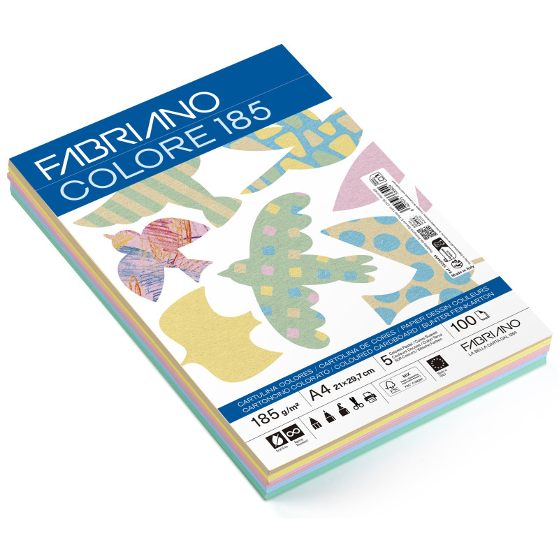 PACK FABRIANO COLORE 185G FSC™ A4 PASTEL  - 100H - ARENA, BANANA, ROSA, AZ. CIELO, VERDE PASTEL SADIPAL