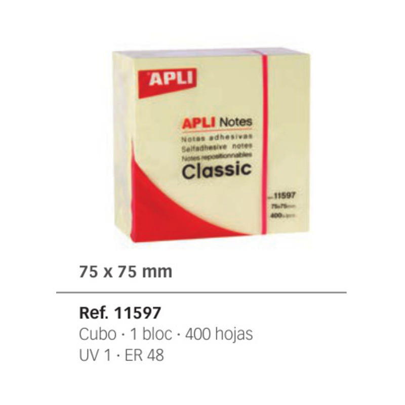 BLOC NOTAS ADHESIVO APLI 75*75 CUBO 400H 11597