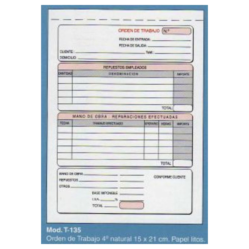 TAL. LOAN ORDEN TRABAJO T-138  4º DUPLI AUTO PTE 10U