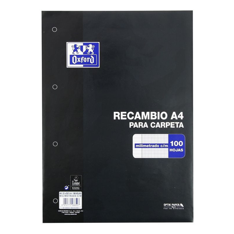 RECAMBIO ENRI A-4 100H 4T OXFORD SCHOOL MILIMETRADO C/MARGEN 90GR 100430212