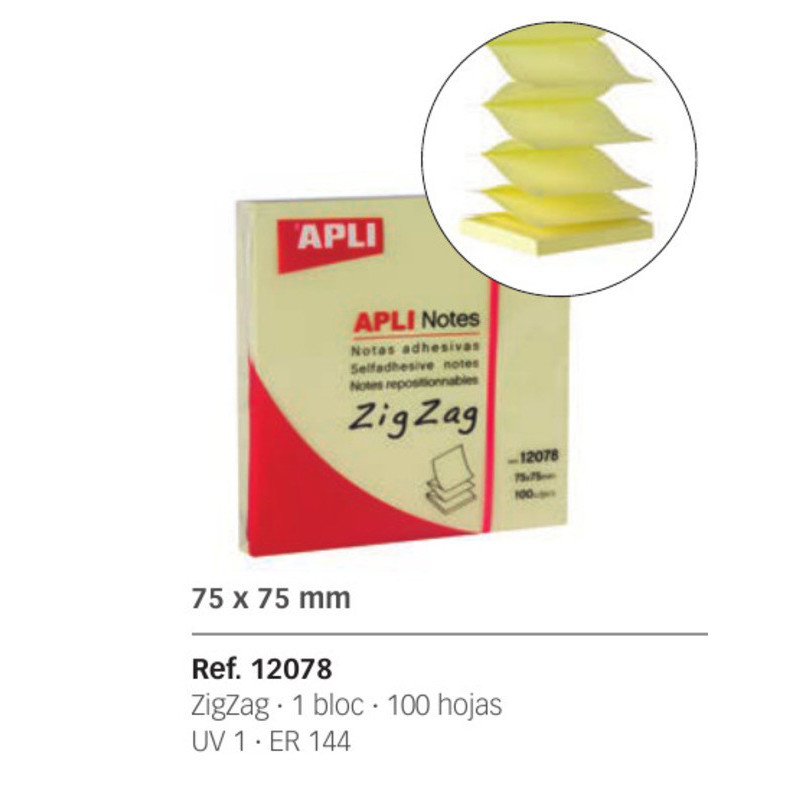 BLOC NOTAS ADHESIVO APLI 75*75 ZIG-ZAG 100H PTE 12U 12078