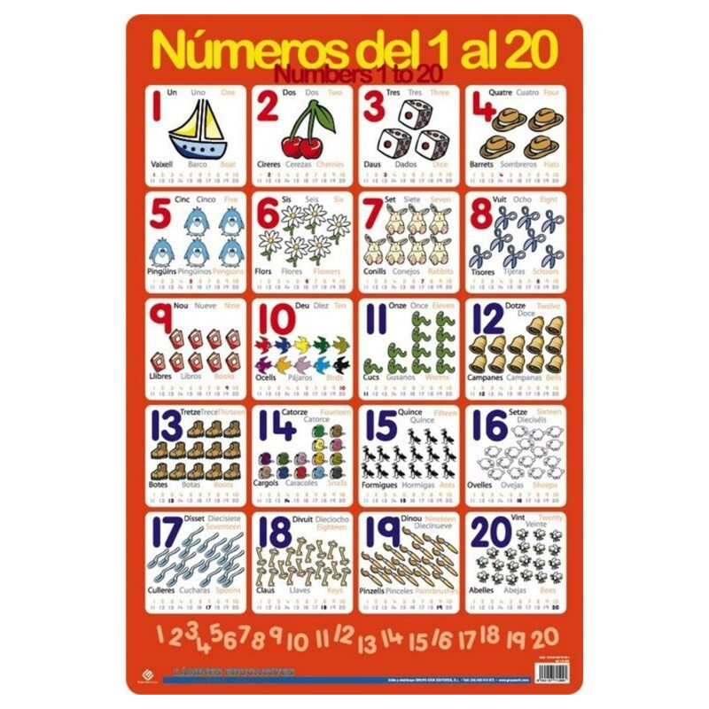 POSTER LAMINA DIDACTICA NUMEROS DEL 1 AL 20 TRILINGÜE LPE205 ERIK