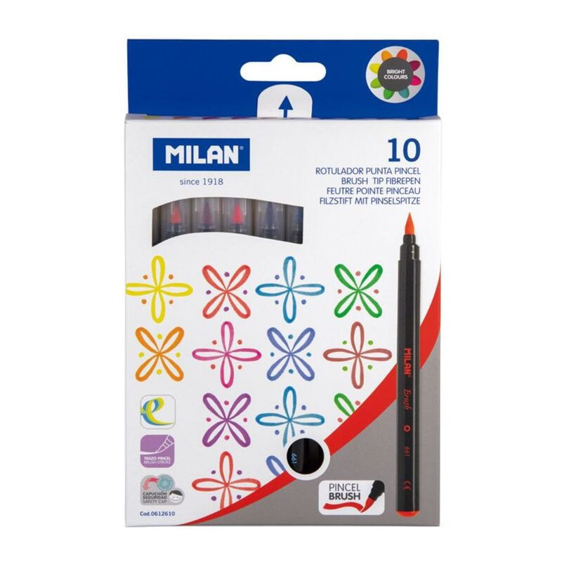 ROTULADOR MILAN PUNTA PINCEL CAJA CARTON 10 COLORES 612610 UNIDAD