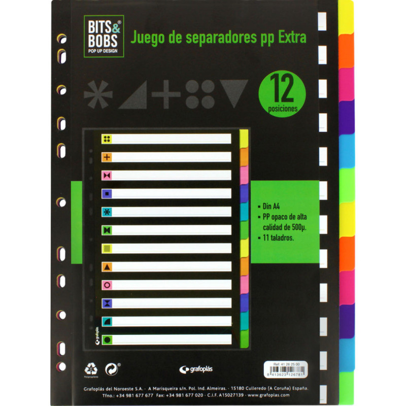 SEPARADOR A4 PP 500 MICRAS GRAFOPLAS 12 PESTAÑAS COLORES FLUOR 41262500