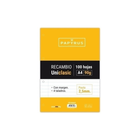 RECAMBIO PAPYRUS UNICLASIC A4 90G PAUTA 2,5 MARGEN PTE 100H 53391600 GRAFOPLAS