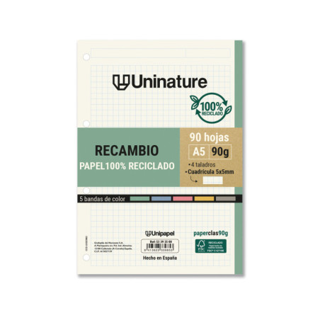 RECAMBIOS DE PAPEL A5 100H 90G 5X5MM UNINATURE A5 GRAFOPLAS24 53393500 (MIN 20U)