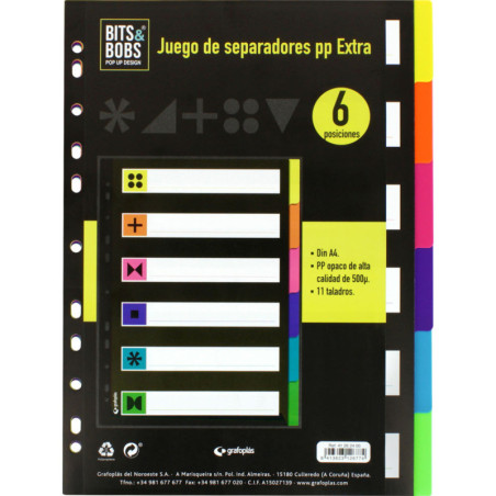 SEPARADOR A4 PP 500 MICRAS GRAFOPLAS 6 PESTAÑAS COLORES FLUOR 41262400