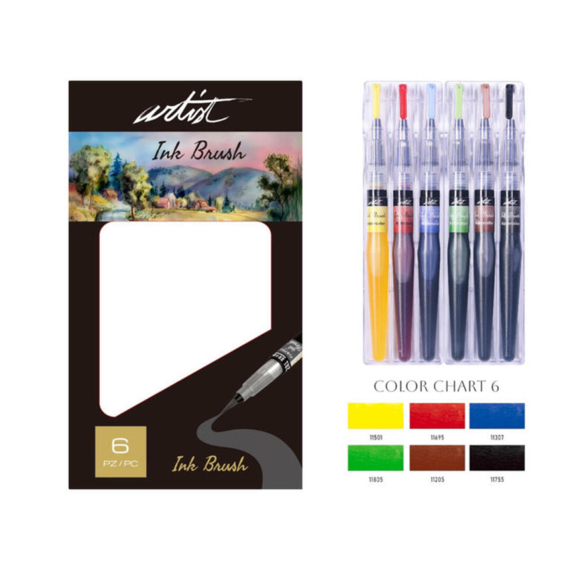 ROTULADOR TINTA LIQUIDA INK BRUSH PINCEL ACUARELABLES CAJA 6U AB-0506