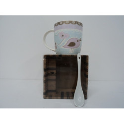 TAZA ARGU CERAMICA C/CAJA Y CUCHARA CAFE PAJAROS 24176