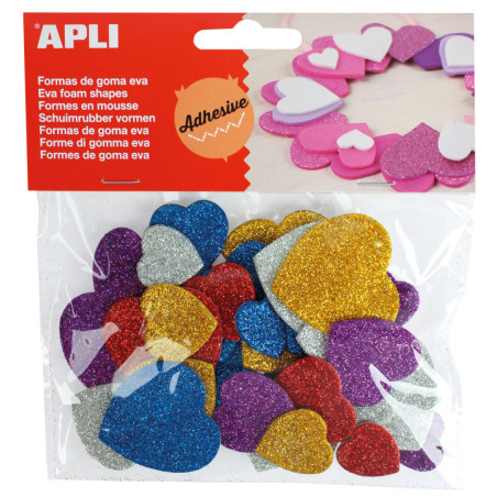 FORMAS GOMA EVA ADHESIVAS CORAZONES PURPURINA METALIZADA 50 UDS APLI 13484