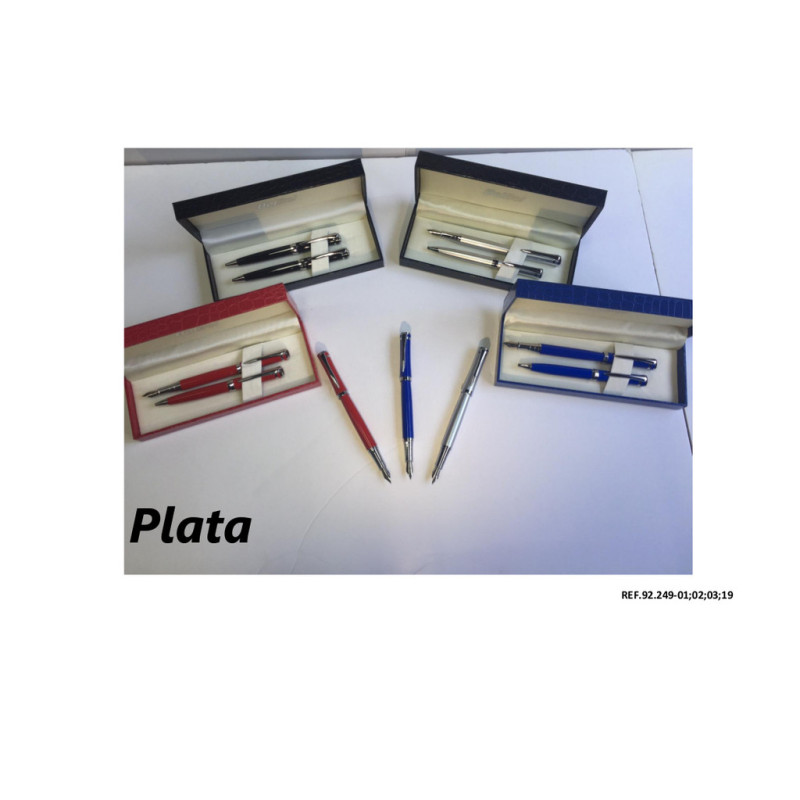 JUEGO BOLI PLUMA LEBER METAL LACA BOTON NEGRO ESTUCHE 92.249-19 PLATA