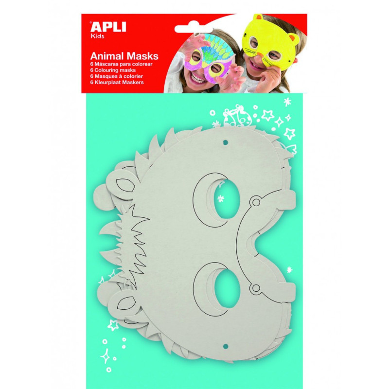 MASCARAS DE CARTON ANIMALES 6UD + GOMAS APLI 13684