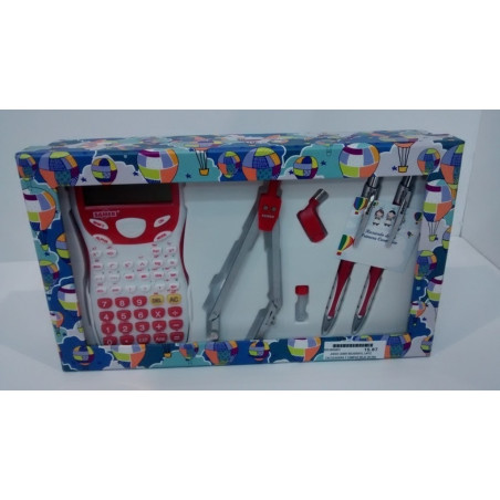 JUEGO LEBER BOLIGRAFO, LAPIZ, CALCULADORA Y COMPAS ROJO 28.056