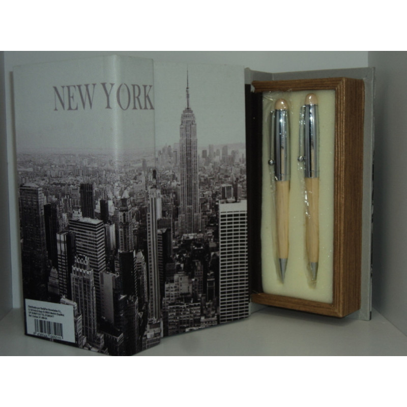 JUEGO LEBER BOLIGRAFO PORTAMINAS MADERA CAJA VINTAGE NUEVA YORK 97.846-04 ^