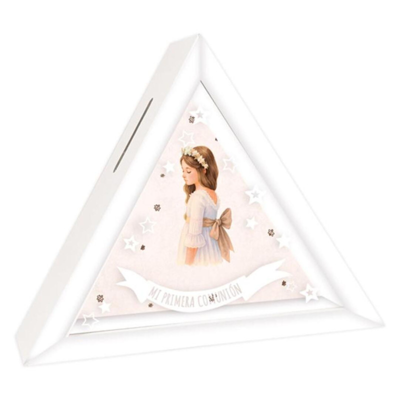 HUCHA COMUNION TRIANGULAR NIÑA ARGU PERSONALIZABLE C/CRISTAL UNIDAD 49506