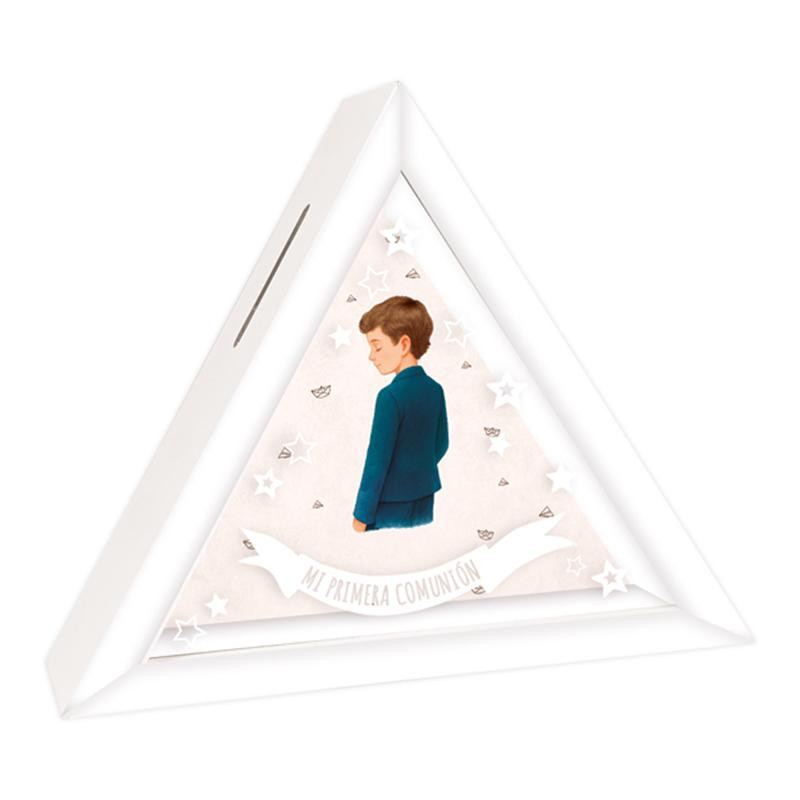 HUCHA COMUNION TRIANGULAR NIÑO ARGU PERSONALIZABLE C/CRISTAL UNIDAD 49507
