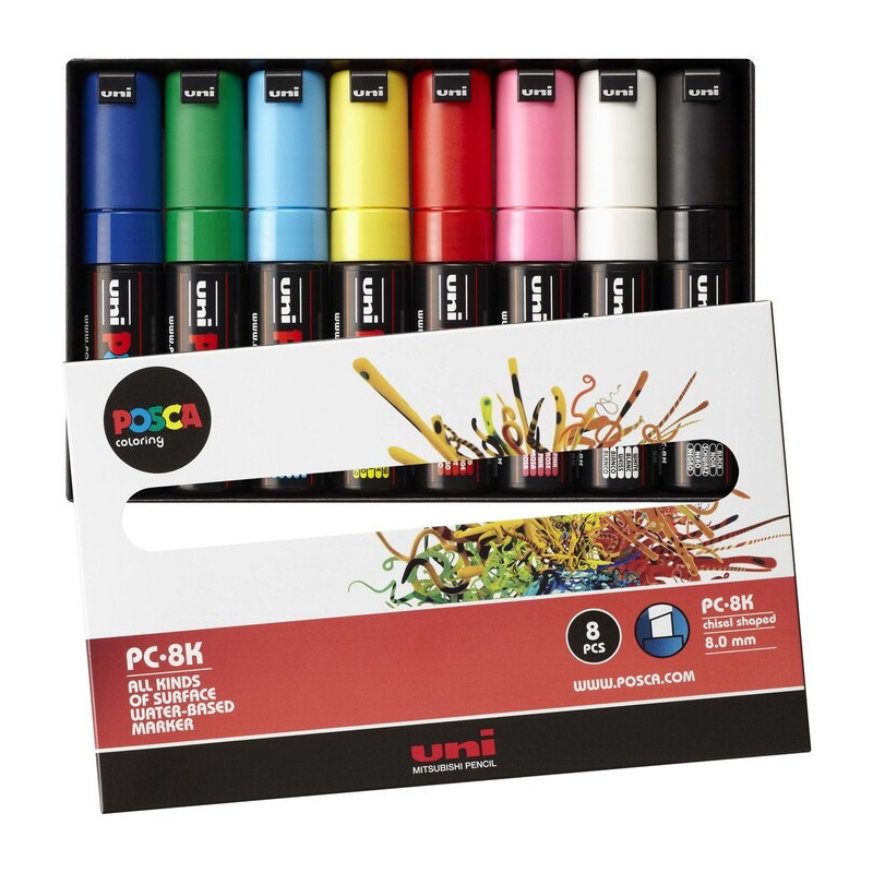 MARCADOR UNI-BALL POSCA PC-8K/8C BISEL GRUESO 8MM SURTIDO C/8U