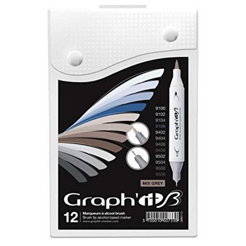 ROTULADOR GRAPH'IT DOBLE PUNTA PINCEL BASE ALCOHOL CAJA 12U COLORES MIX GREY GI80113 MCH